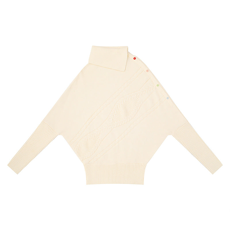 Damen Oversize-Pullover mit Rollkragen, asymmetrischer Schulter-Knopfleiste und Zopfstrick-Details Shop Nory