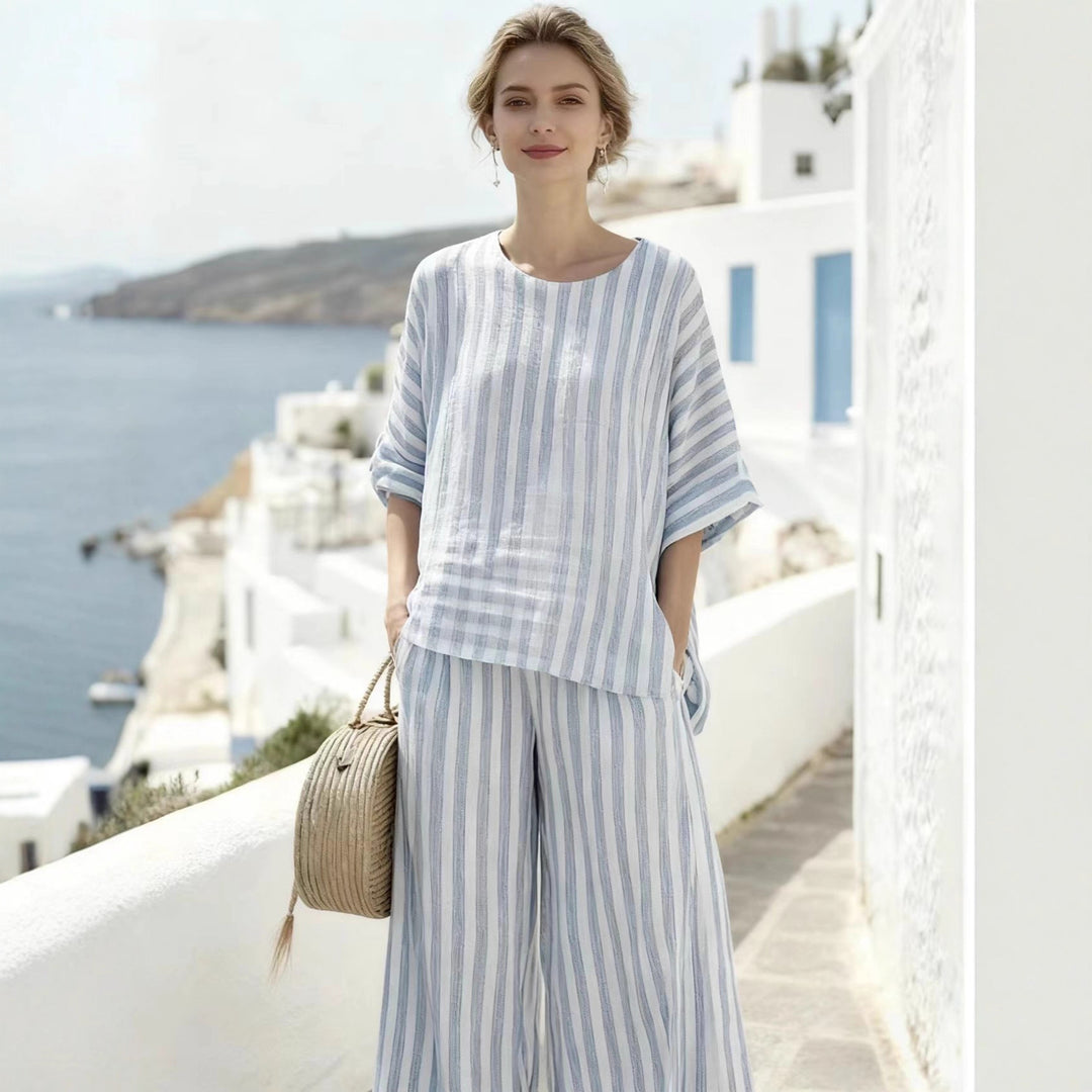 Damen Zweiteiliges gestreiftes Leinen‑Optik Lounge‑Set mit Oversize‑Bluse und High‑Waist Palazzo Shop Nory