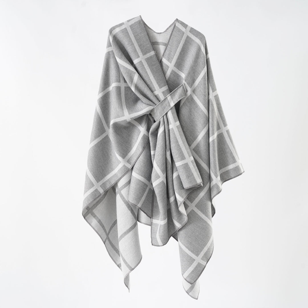 Damen Oversize Poncho aus Feinstrick mit Taillengürtel und Karomuster Shop Nory