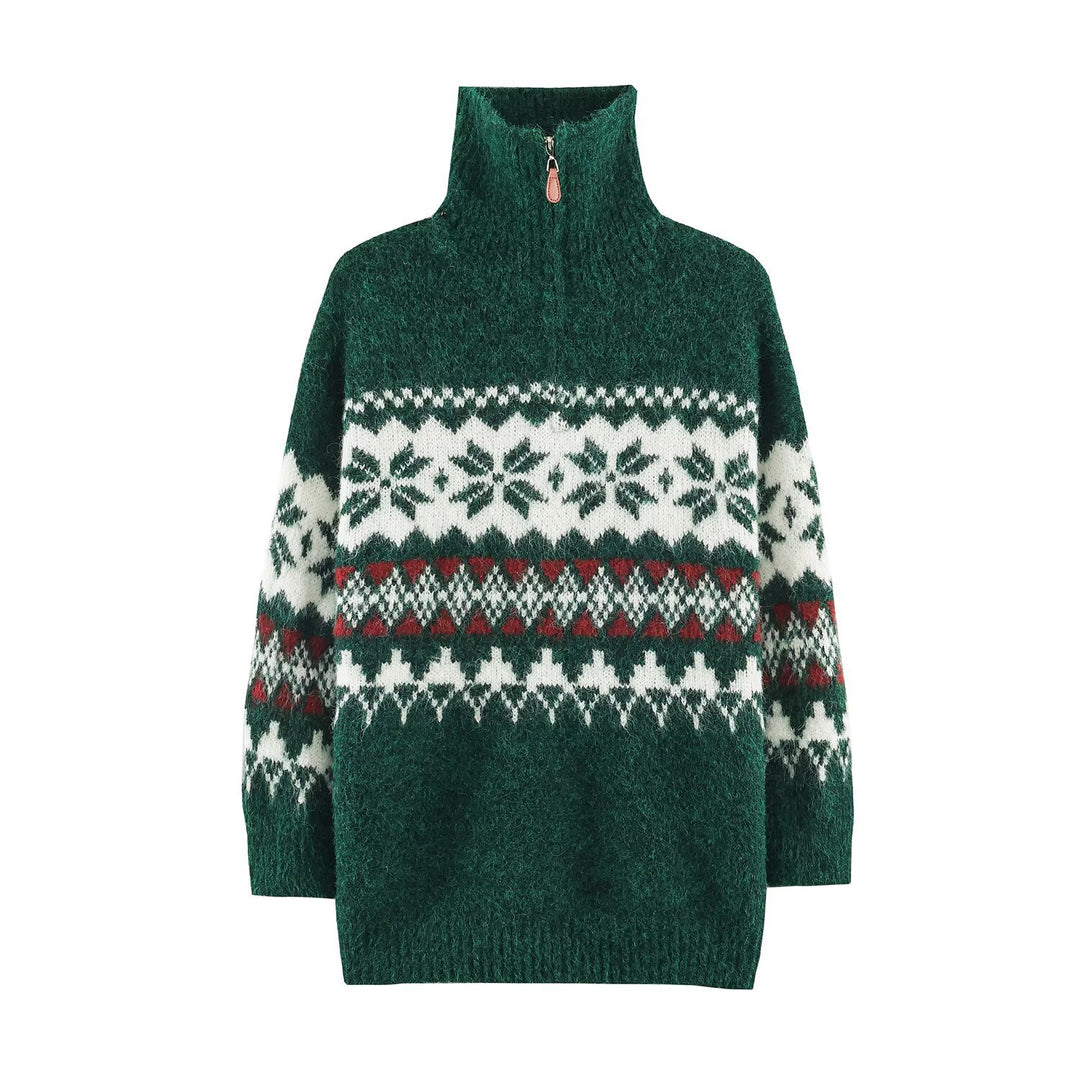 Damen Norwegermuster Strickpullover mit halbem Reißverschluss und Stehkragen Shop Nory