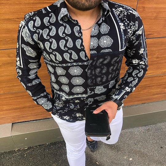 Herren Langärmeliges Patchwork-Hemd mit Paisley- und Blumenprint Shop Nory
