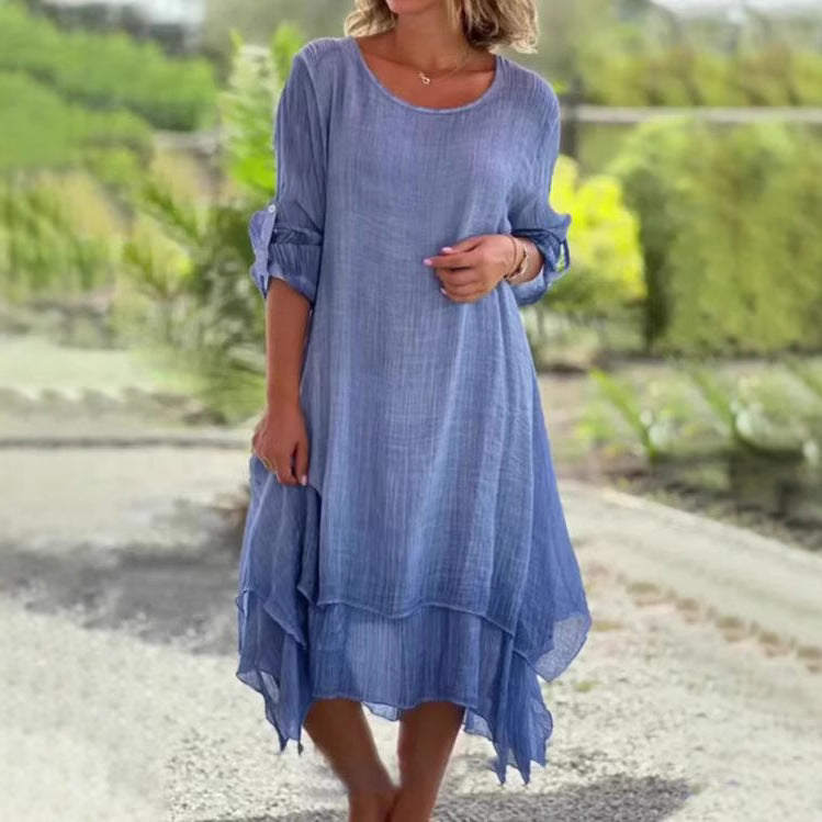 Damen nan weites Musselin-Midikleid mit rundem Halsausschnitt, krempelbaren halblangen Ärmeln und mehrlagigem Stufenrock
