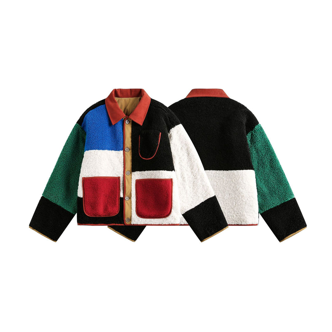 Unisex Boxy Patchwork Sherpa-Fleecejacke mit Cordkragen und aufgesetzten Taschen Shop Nory