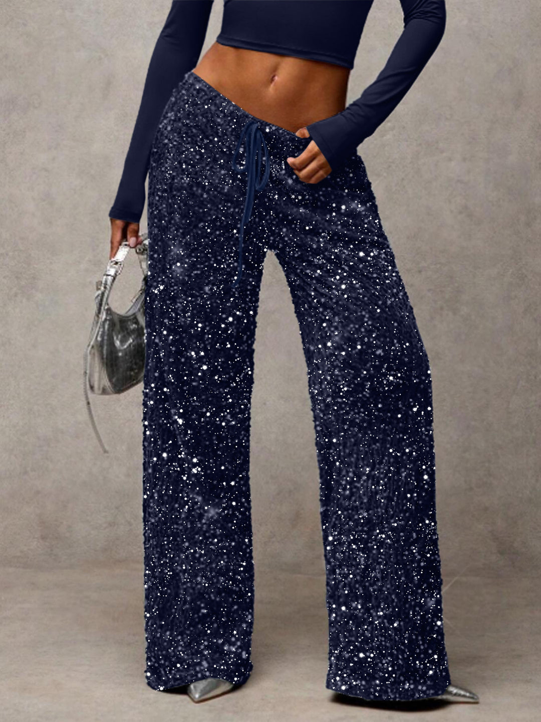 Damen Pailletten-Palazzohose mit hohem Bund und Kordelzug Shop Nory