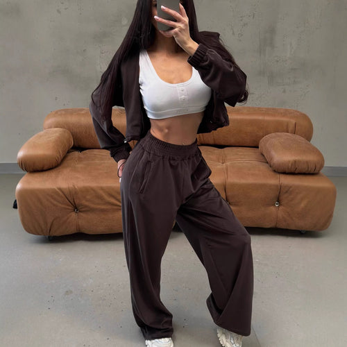 Damen weites Lounge-Set mit Cropped Zipjacke und High-Waist Relaxhose Shop Nory