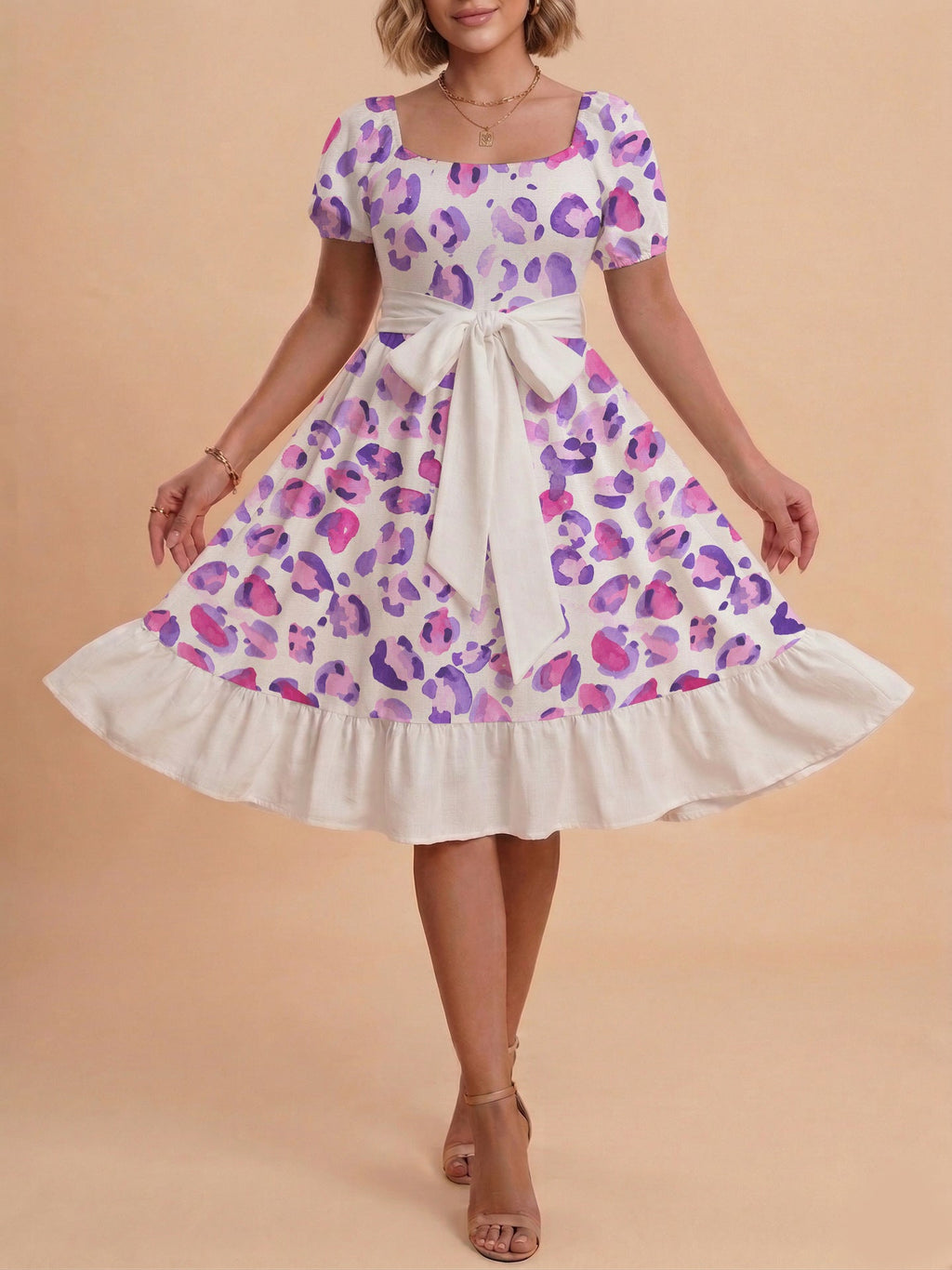 Damen Sommerliches Blumenkleid mit taillierbarem Gürtel und voluminösen Ärmeln