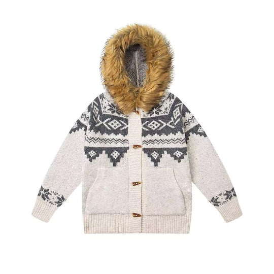 Damen Modische Strickjacke mit Kapuze und kunstfellbesetztem Kragen Shop Nory