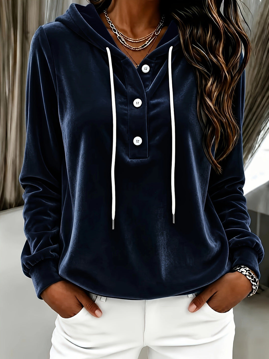 Damen Samt-Hoodie mit Knopfleiste, Kapuze und weichem Fleece-Finish Shop Nory
