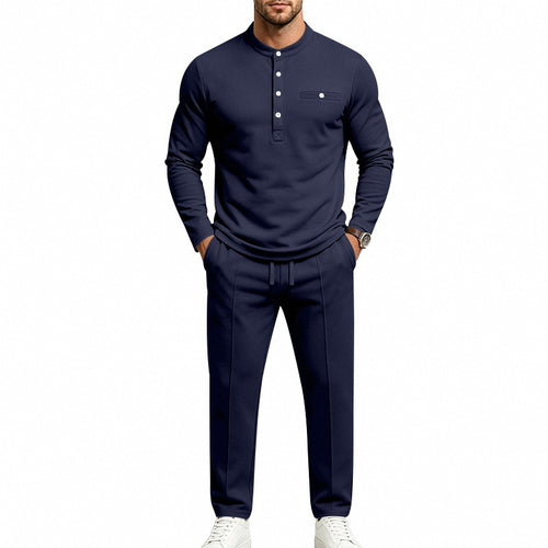 Herren Zweiteiliges Freizeitset mit Henley-Langarmshirt, Stehkragen und Komfort-Jogginghose Shop Nory