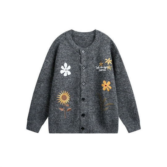 Damen Strick-Cardigan mit Blumenstickerei, Rundhalsausschnitt und Knopfleiste Shop Nory