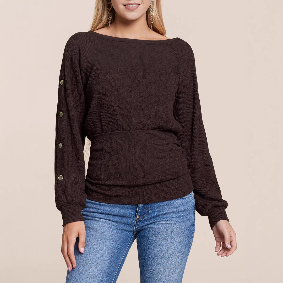 Damen Feinstrickpullover mit weitem Bootsausschnitt, Ärmel-Knopfdetail und taillierter Smokpassform Shop Nory