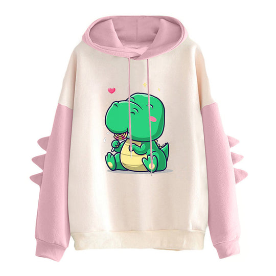 Damen nan Kapuzenpullover mit niedlichem Dinosaurierprint, kuscheligem Innenfutter und dreidimensionalen Ärmeldetails Shop Nory