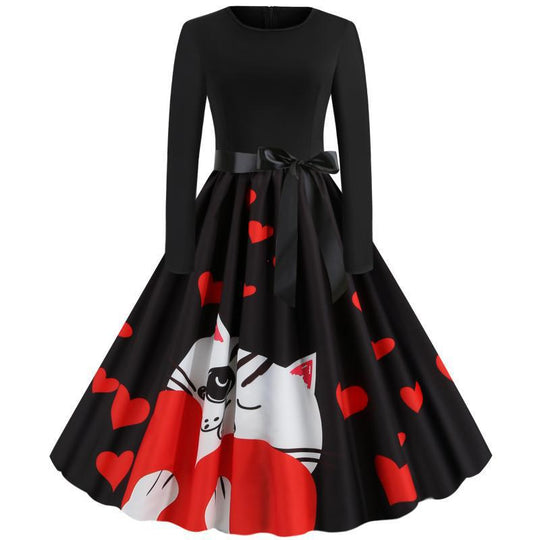 Damen Retro-Tellerkleid mit figurbetontem Oberteil, Satin-Taillengürtel und Katzen-Herz-Print Shop Nory