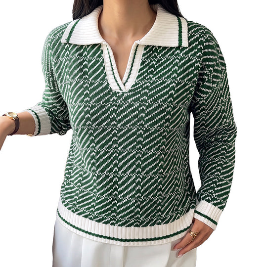 Damen Polokragen-Strickpullover mit V-Ausschnitt und Strukturmuster Shop Nory