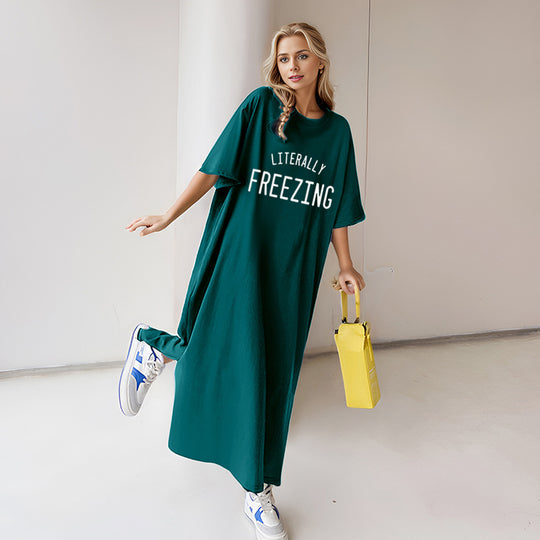 Damen nan lässiges Oversize Maxi-T-Shirt-Kleid mit Rundhals und Statement-Print Shop Nory