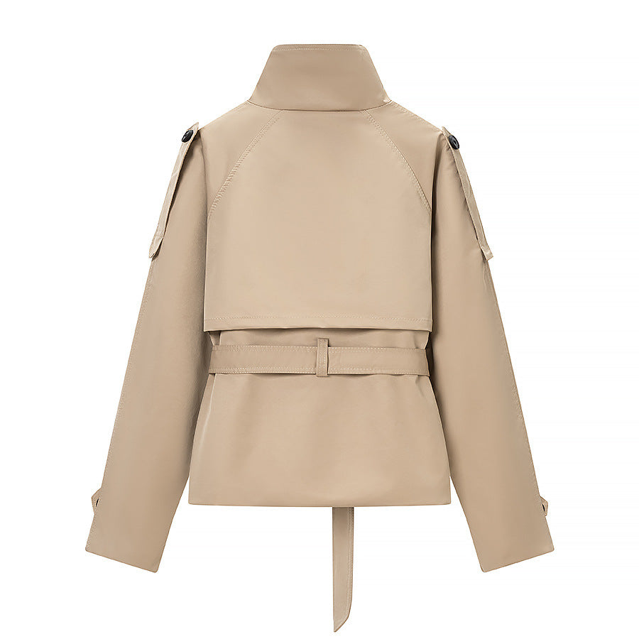 Damen Kurz geschnittener taillierter Trenchcoat mit hoher Knopfleiste und Taillengürtel Shop Nory