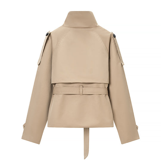 Damen Kurz geschnittener taillierter Trenchcoat mit hoher Knopfleiste und Taillengürtel Shop Nory