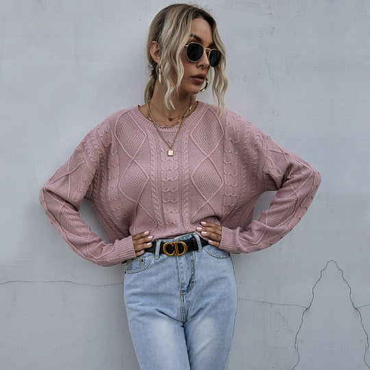 Damen Lässiger Oversize-Strickpullover mit geometrischem Zopfmuster und tiefen Ärmelabschlüssen Shop Nory