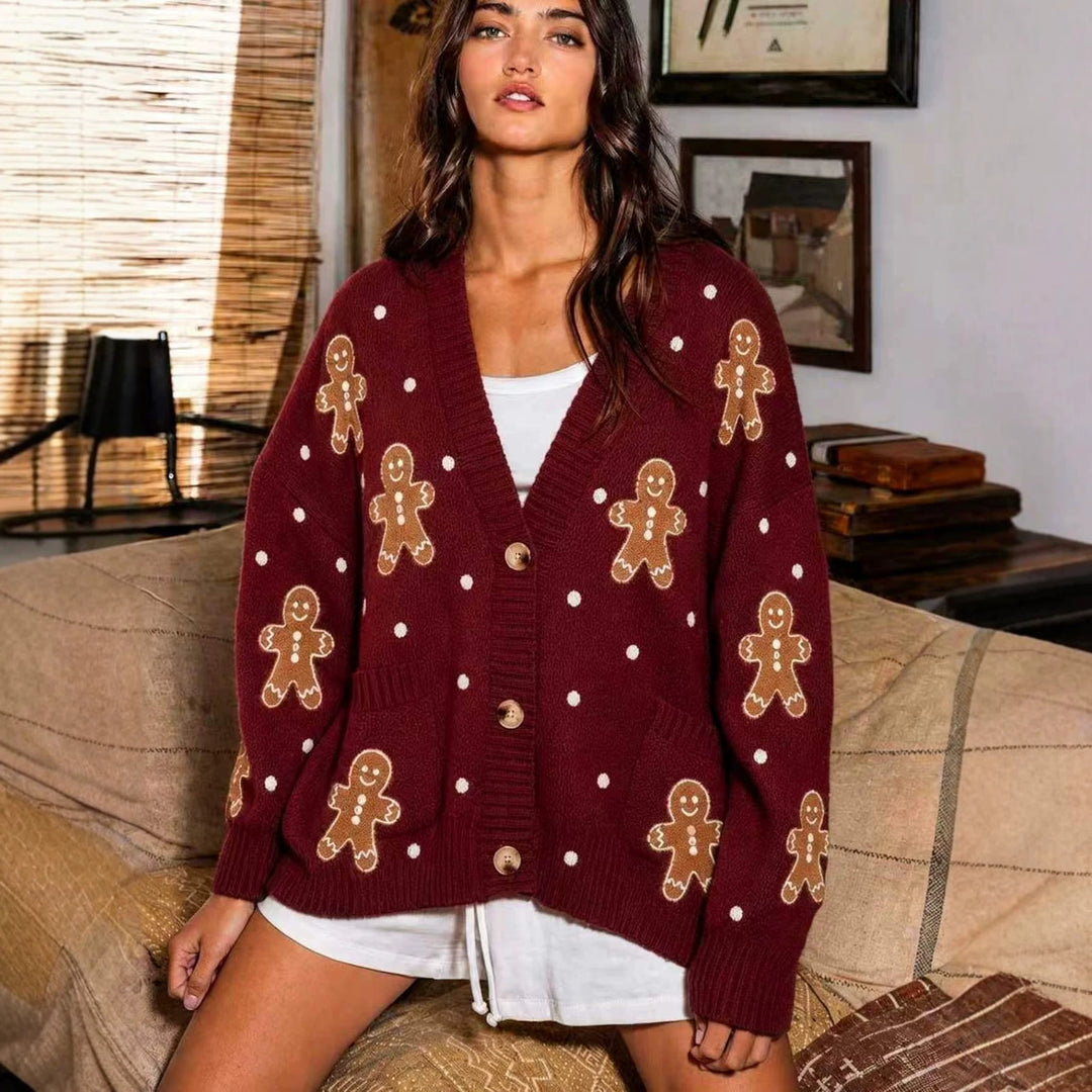 Damen oversized Strickcardigan mit Lebkuchenstickerei und tiefem V-Ausschnitt Shop Nory