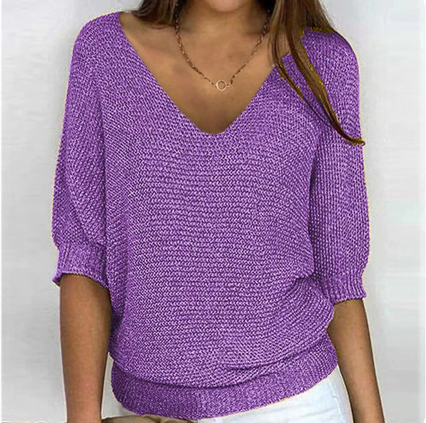 Damen nan lässiger Strickpullover mit V-Ausschnitt und Fledermausärmeln Shop Nory