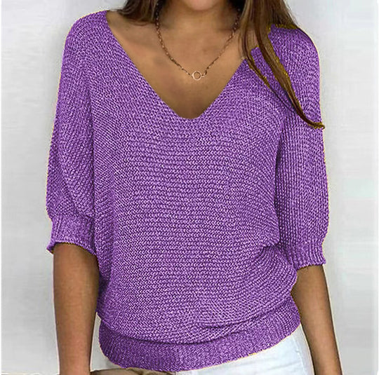 Damen nan lässiger Strickpullover mit V-Ausschnitt und Fledermausärmeln Shop Nory