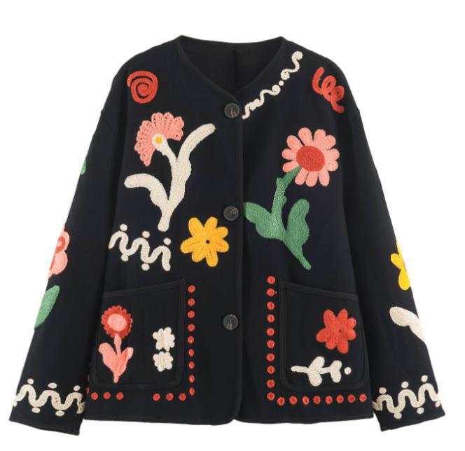 Damen bestickte Boxy-Jacke mit floraler Applikation und aufgesetzten Taschen Shop Nory