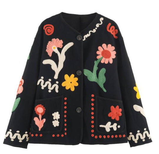 Damen bestickte Boxy-Jacke mit floraler Applikation und aufgesetzten Taschen Shop Nory