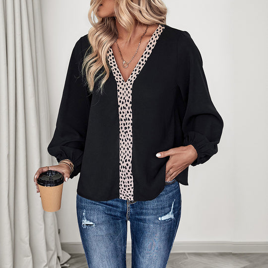 Damen V‑Ausschnitt Bluse mit Leoprint‑Zierband und luftigen Ballonärmeln Shop Nory