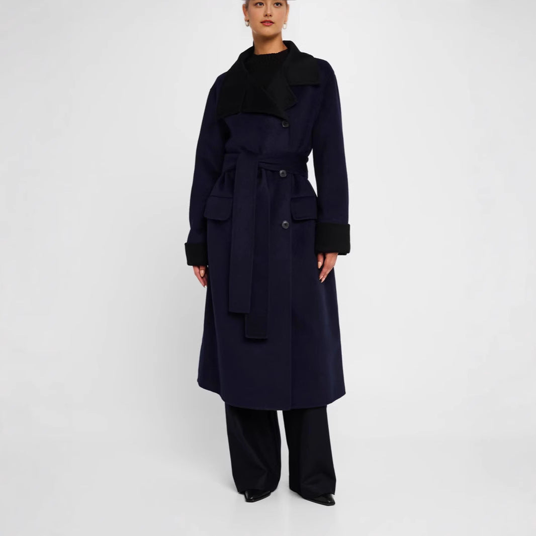 Damen Taillierter Wollmix-Mantel mit Bindegürtel, kontrastiertem Revers und Pattentaschen Shop Nory