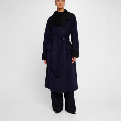 Damen Taillierter Wollmix-Mantel mit Bindegürtel, kontrastiertem Revers und Pattentaschen Shop Nory