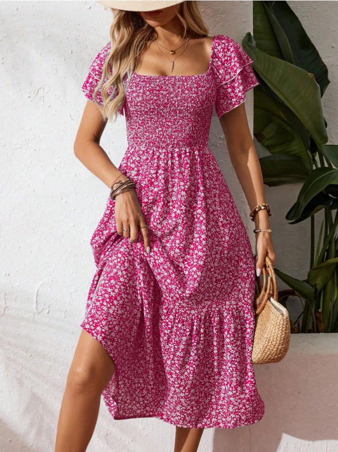 Damen Off-Shoulder Maxikleid mit floralen Mustern und elastischem Oberteil