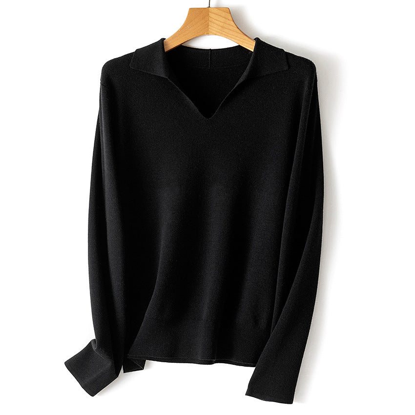Damen feiner leichter V-Ausschnitt-Pullover mit offenem Hemdkragen und legerer Silhouette Shop Nory