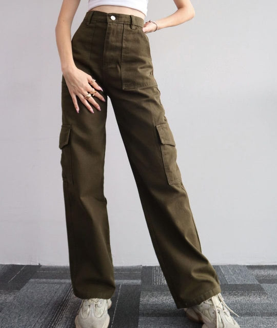 Damen High-Waist-Cargohose aus Twill mit aufgesetzten Klappentaschen und weitem Bein Shop Nory