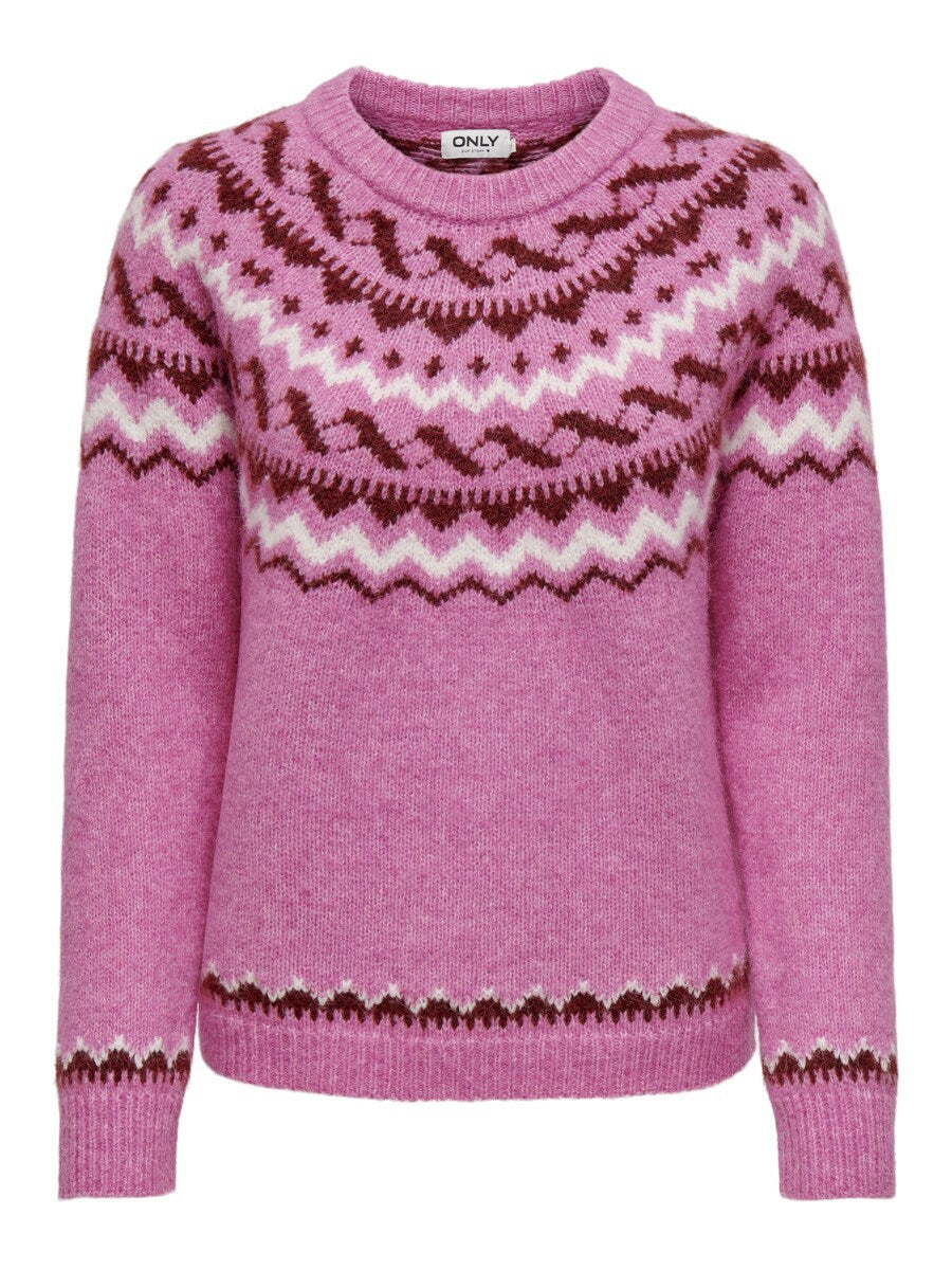 Damen nan melierter Rundhalsausschnittpullover mit kreisförmigem Jacquard-Yoke und geripptem Saum Shop Nory
