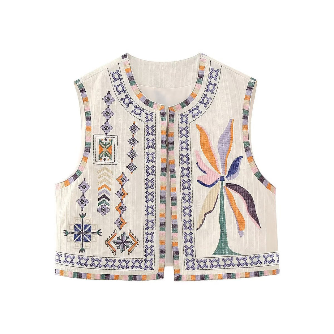 Damen bestickte ärmellose Boho‑Weste mit folkloristischen Motiven und offener Front Shop Nory