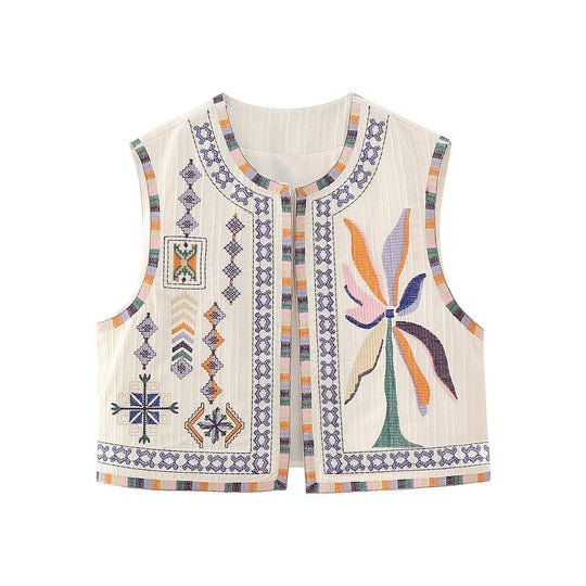 Damen bestickte ärmellose Boho‑Weste mit folkloristischen Motiven und offener Front Shop Nory