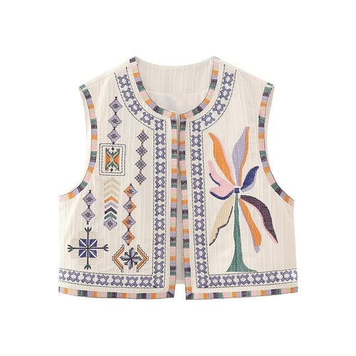 Damen bestickte ärmellose Boho‑Weste mit folkloristischen Motiven und offener Front Shop Nory