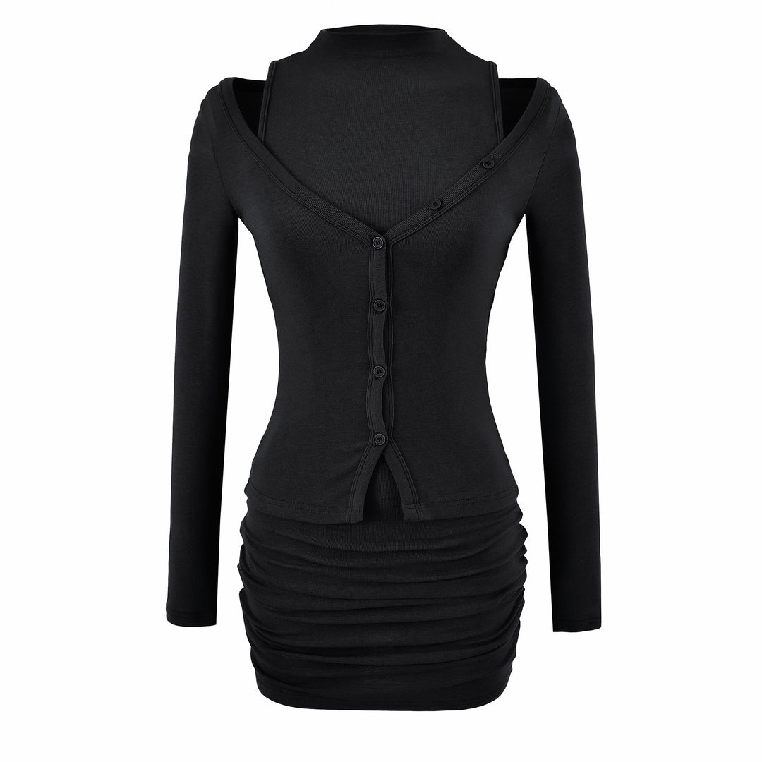 Damen Zweiteiliges Strick-Set mit integrierter Highneck-Weste und asymmetrischer Knopf-Cardigan Shop Nory
