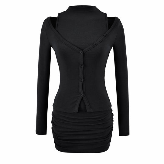 Damen Zweiteiliges Strick-Set mit integrierter Highneck-Weste und asymmetrischer Knopf-Cardigan Shop Nory