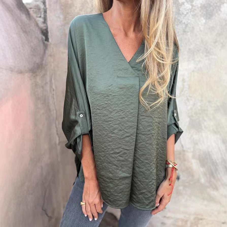 Damen Leichtes V-Ausschnitt Tunika-Bluse mit aufgekrempelten Ärmeln und lockerer Passform Shop Nory