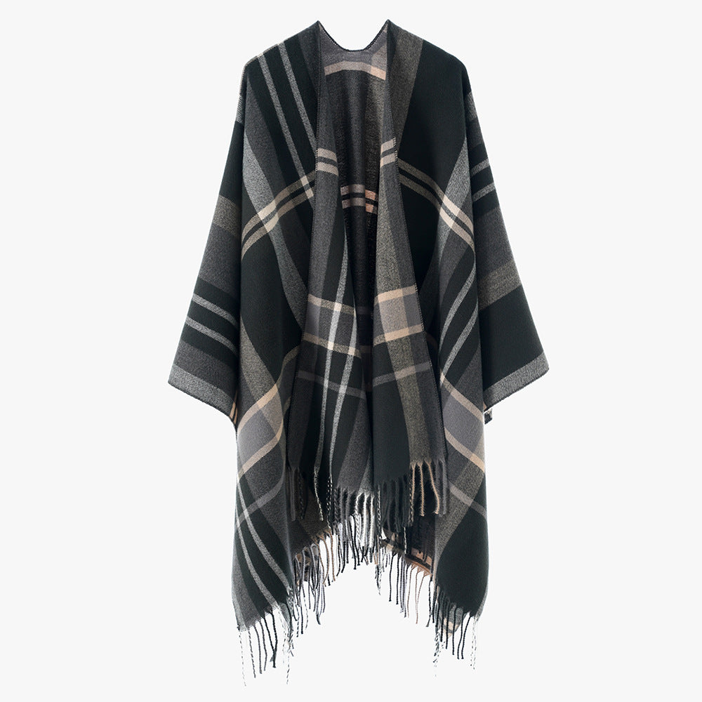 Damen Oversize Karierter Fransen-Poncho aus weichem Strick Shop Nory