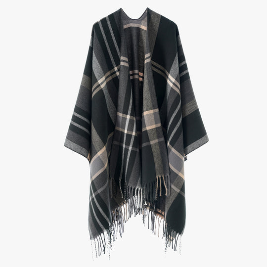 Damen Oversize Poncho-Cape mit Karomuster und Fransen Shop Nory