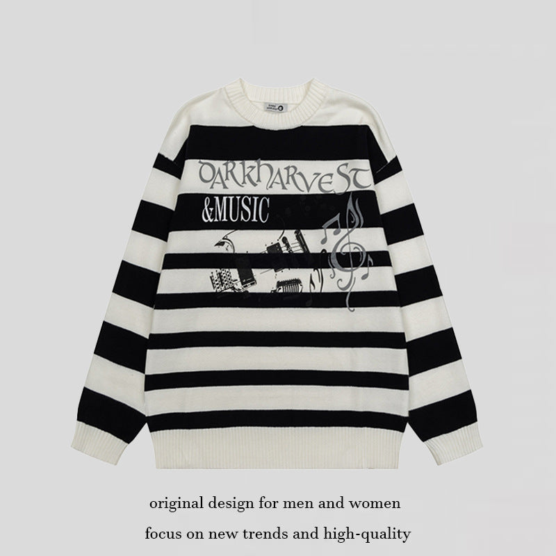 Damen Gestreifter Oversize-Strickpullover mit Rundhals und Musik-Grafik Shop Nory