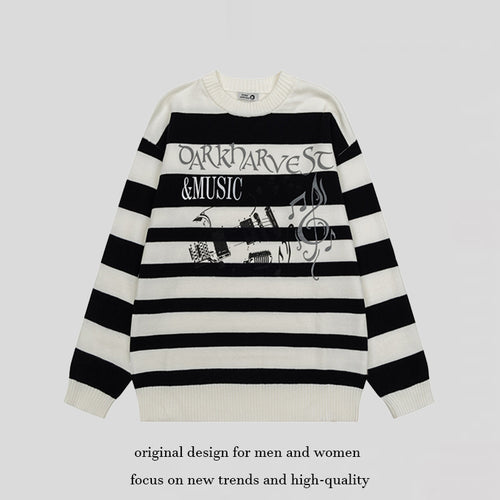 Damen Gestreifter Oversize-Strickpullover mit Rundhals und Musik-Grafik Shop Nory