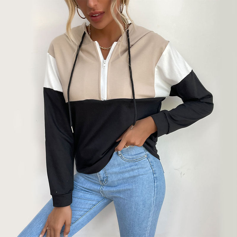 Damen Kapuzenpullover mit halbem Reißverschluss, Colorblock‑Design und Tunnelzug Shop Nory