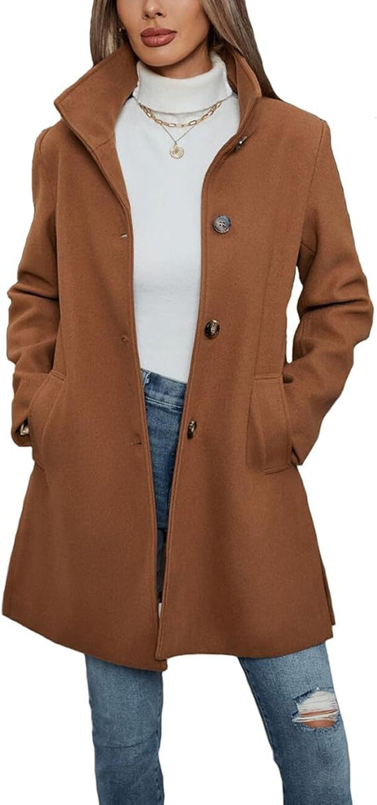 Damen Eleganter Wollmantel mit Hochgeschlossenem Kragen und Praktischen Taschen