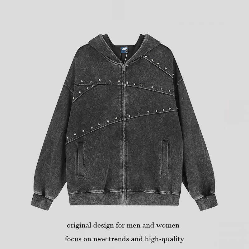 Damen Kapuzen‑Sweatjacke im Oversize‑Used‑Look mit Nietverzierung und durchgehendem Reißverschluss Shop Nory