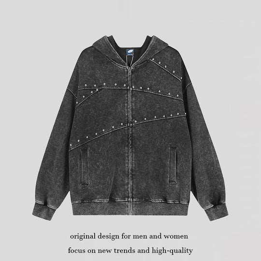 Damen Kapuzen‑Sweatjacke im Oversize‑Used‑Look mit Nietverzierung und durchgehendem Reißverschluss Shop Nory