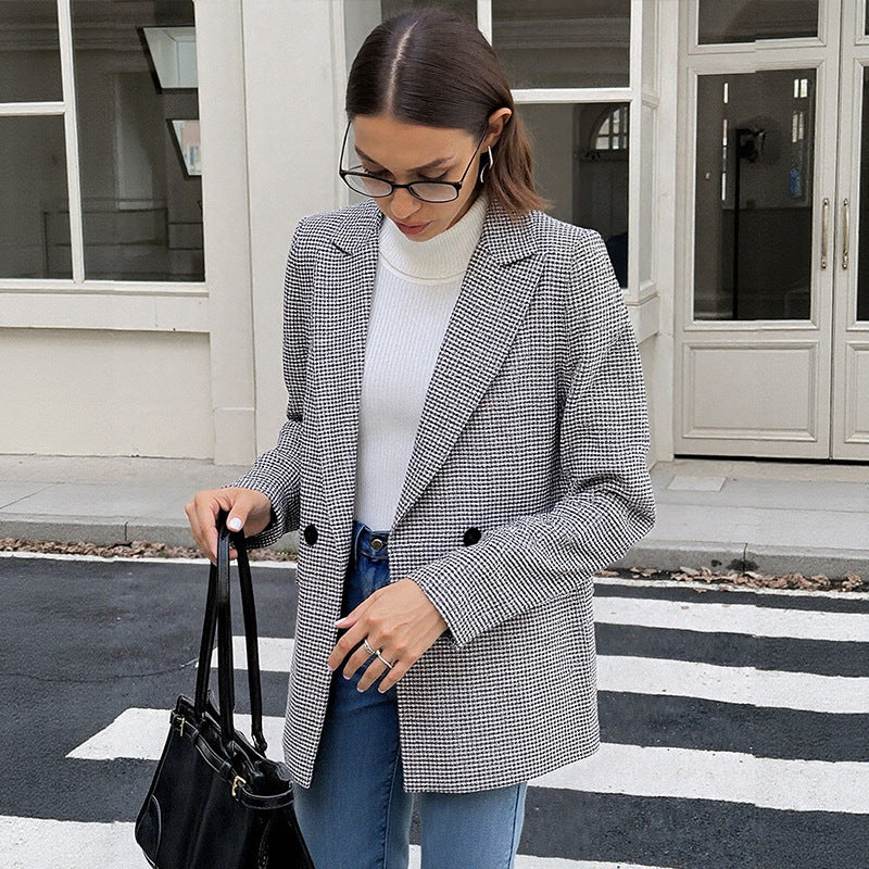 Damen Oversize Hahnentritt-Blazer mit Reverskragen und Pattentaschen Shop Nory