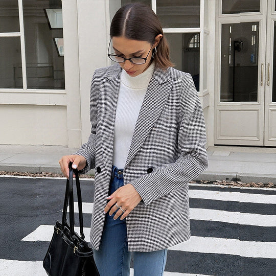Damen Oversize Hahnentritt-Blazer mit Reverskragen und Pattentaschen Shop Nory